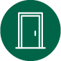 Icon of the 12x32 Frontier Garage Shed door with a handle, set against a dark green circular background.