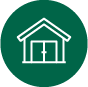 Icon representing a 12x32 Frontier Garage Shed with a simple house design featuring a gabled roof and double doors, outlined in white on a dark green circular background.