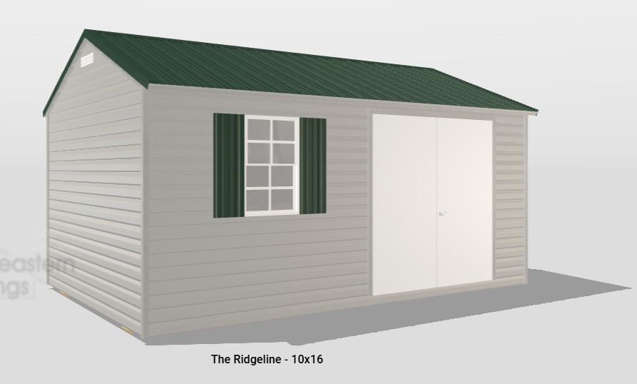 The 10x16 Ridgeline Shed is shown on a white background with light gray siding, double white doors, green metal roof, and a window.